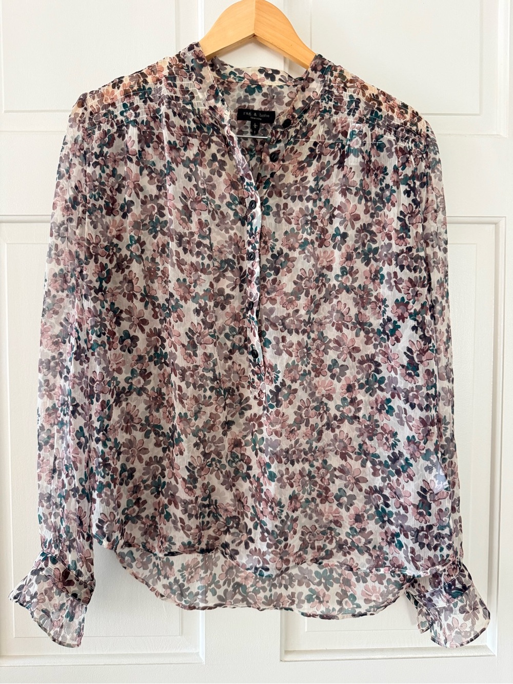 rag & bone Sheer Floral Blouse in White with Pink, Teal, and Brown Flowers - L